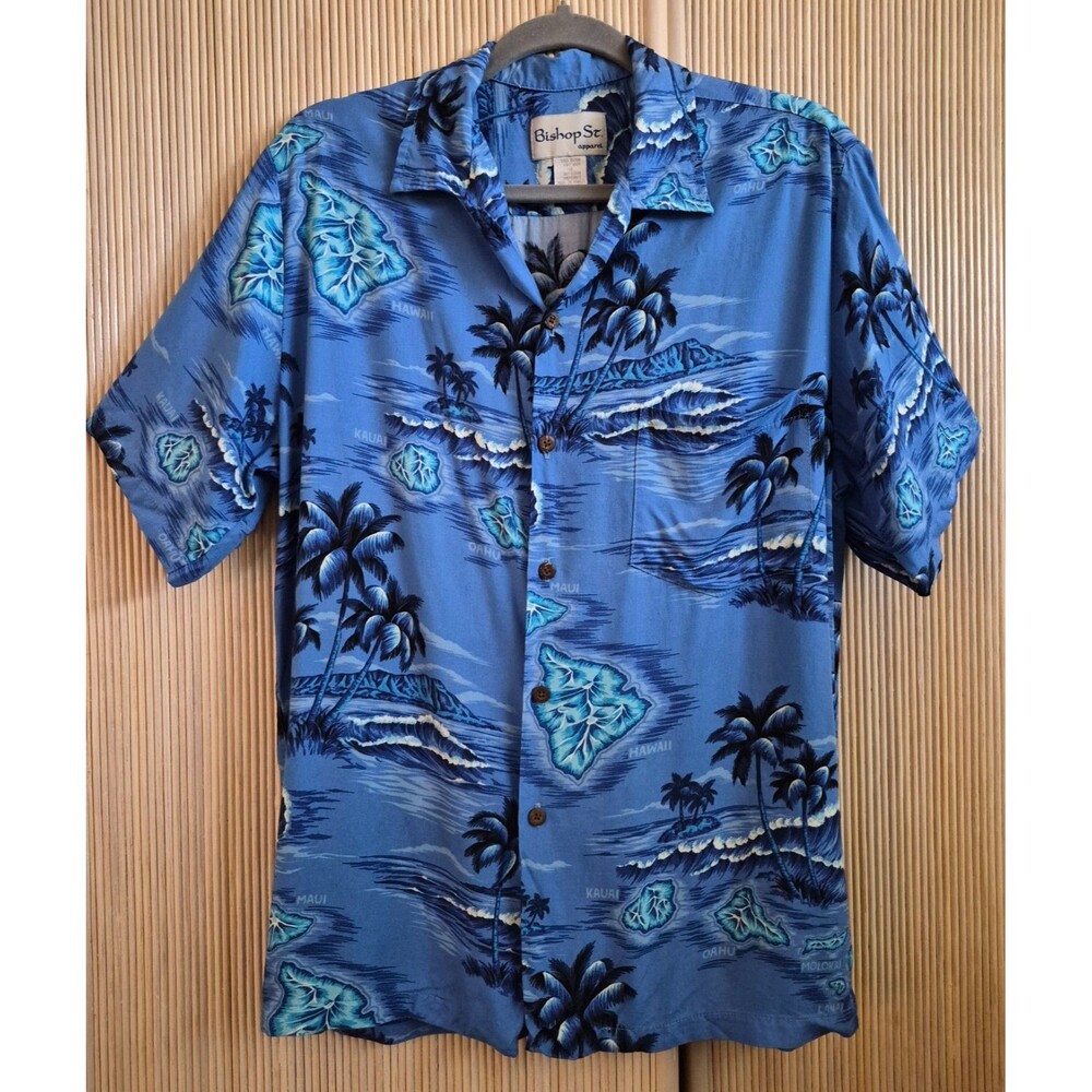 Bishop St Apparel Men's Aloha Shirt Size M Blue Hawaiian Islands Rayon Vintage